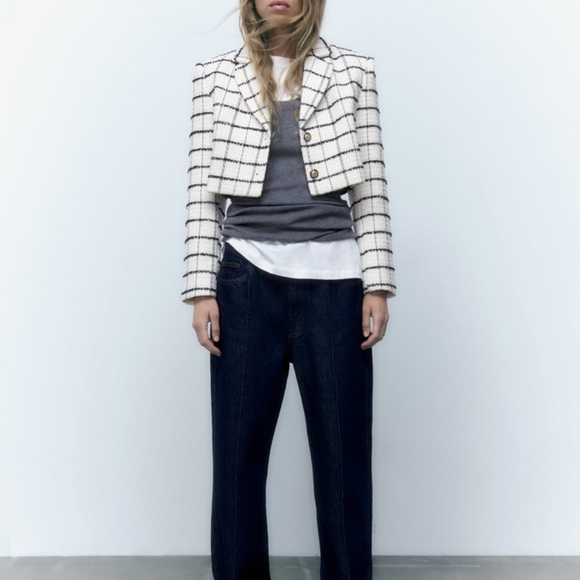 ZARA 2 PIECE SET TEXTURED WEAVE PLAID CROPPED JACKET AND SHORTS - Picture 4 of 15